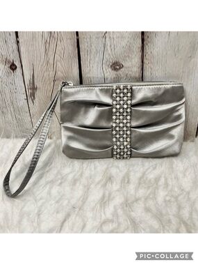 RSVP Charming Charlie Clutch Purse Silver Satin Rhinestone Pearl Wristlet Glam